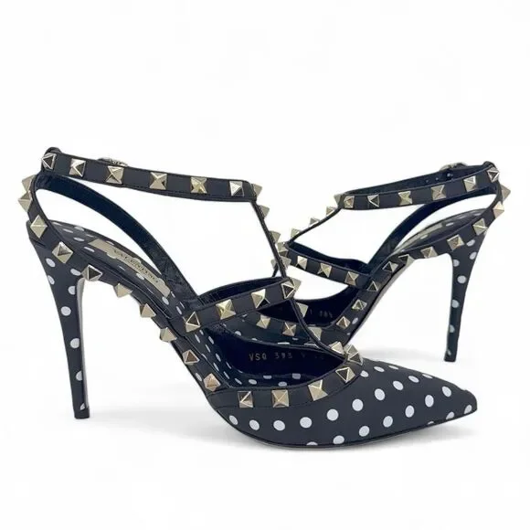 VALENTINO GARAVANI Black Ankle Strap Rockstud White Polkadot Sandals Siz… - Picture 8 of 15